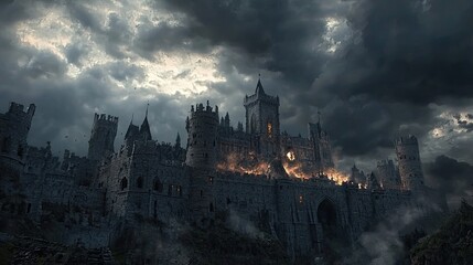 Fototapeta premium Gothic castle with tall spires, dark walls, and black fog, under a stormy grayish-blue sky with lightning. Long stone path leads to an abandoned fortress in a fantasy art style.