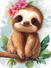 Obraz premium Cute Sloth with Flowers on a Branch