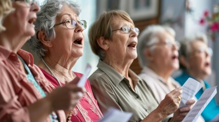 Senioren Singen im Chor vom Notenblatt. Seniorenchor bei der Chorprobe. 