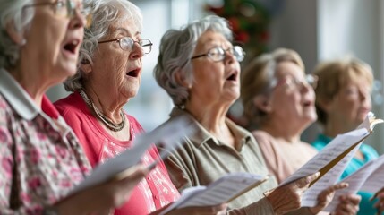 Senioren Singen im Chor vom Notenblatt. Seniorenchor bei der Chorprobe. 
