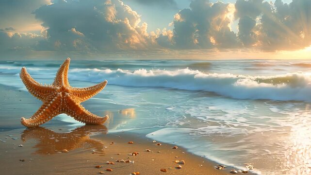 Beach scene with starfish at sunrise, nature and wildlife concept