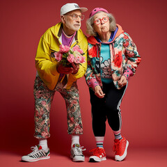 Obraz premium elderly couple woman and man dressed as teenagers. brightly, stylishly and youthfully dressed. They stand on a bright background. Forever young