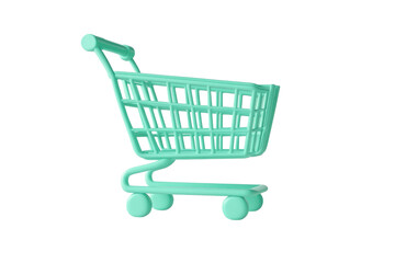 A turquoise shopping cart isolated on a blank background, perfect for e-commerce and retail industry promotions.