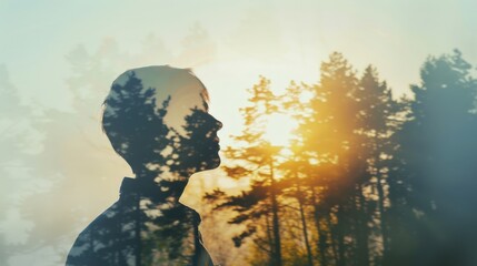 A silhouette of a man standing in a forest, with the sun shining through the trees. The image evokes a sense of peace and tranquility.