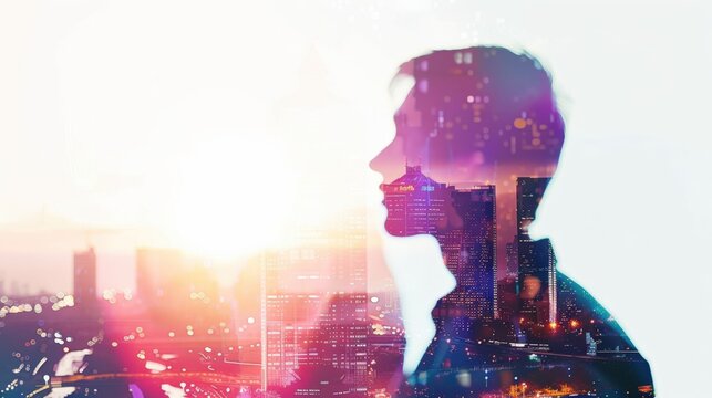 A silhouette of a man with a cityscape superimposed over his head, symbolizing urban life and progress.
