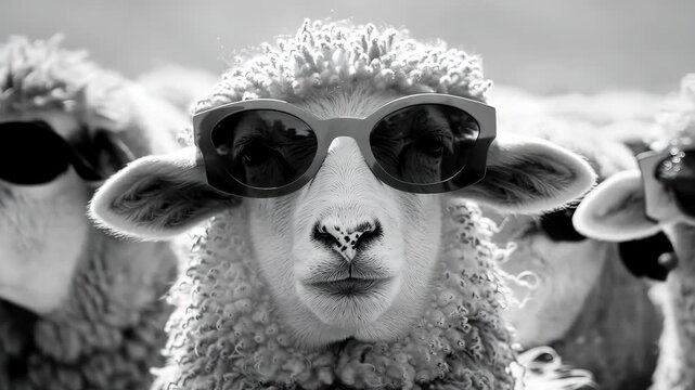Sheep wearing sunglasses, black and white photography. Animal humor and style concept