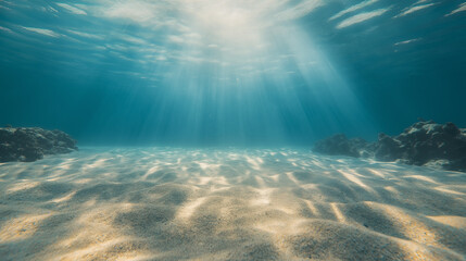 Underwater sunlight illuminating sandy ocean floor with rocky formations