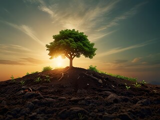 Green tree in the field at sunset