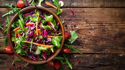 A vibrant salad bowl filled with fresh organic greens and vegetables set on a rustic wooden table