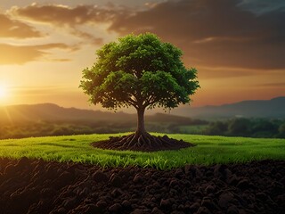 Green tree in the field at sunset