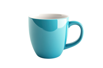 Bright blue ceramic mug with a smooth, glossy finish, isolated on a transparent background. perfect for coffee, tea, or any hot beverage.
