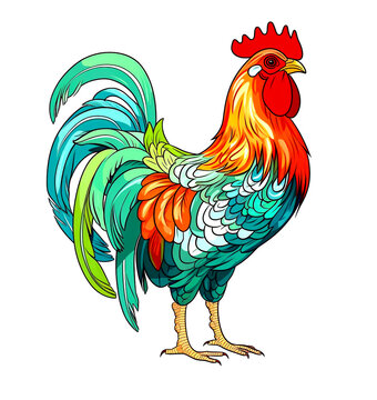 recommend clip art: Rooster drawing in beautiful colors, for modern design. on a white background