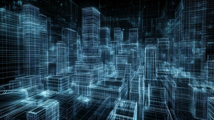 Obraz premium A cityscape rendered entirely in wireframe, with glowing lines outlining the buildings and streets, set against a dark, futuristic background with subtle digital elements