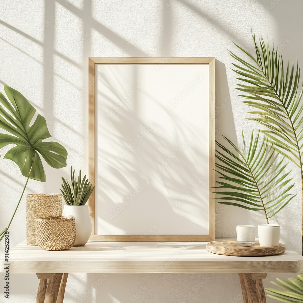 Poster poster mockup standing on white background with a wooden frame. 3d rendering.