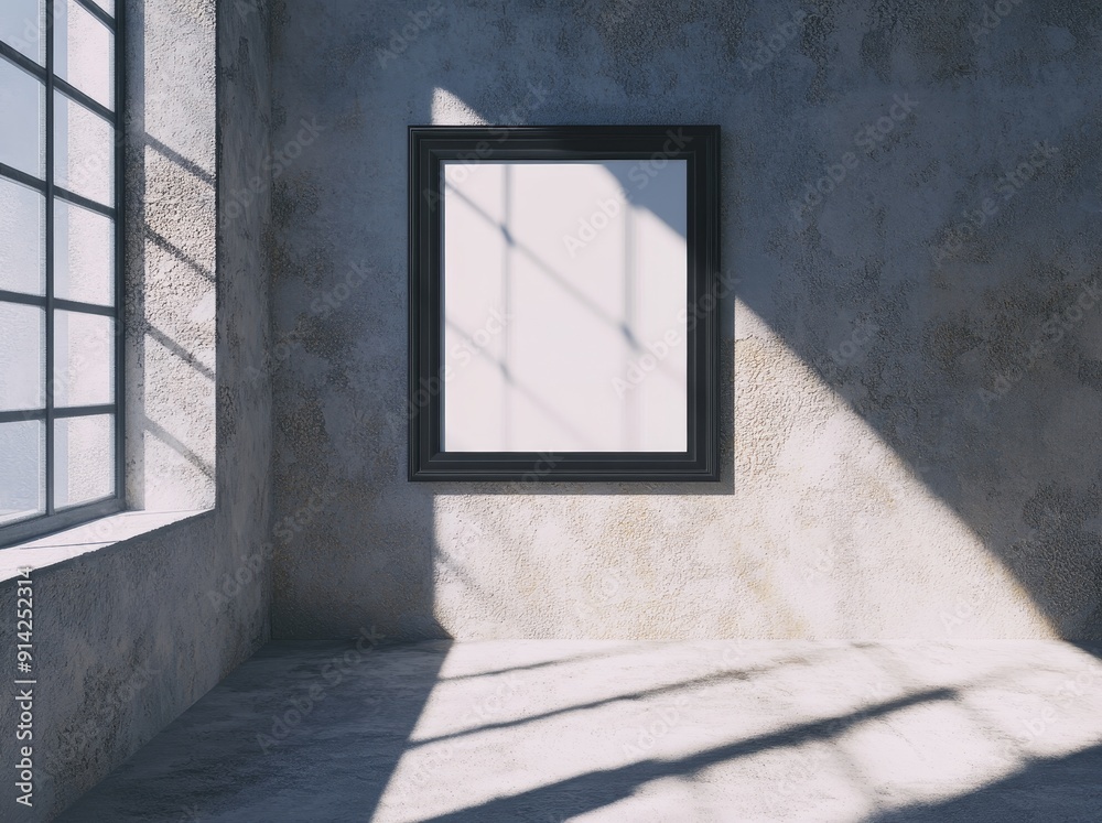 Poster Three-dimensional rendering of a black frame with poster mockup on a concrete floor.