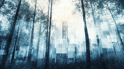 A dense forest with trees that have inverted colors, where the leaves are dark and the sky is glowing white, with subtle geometric patterns in the background