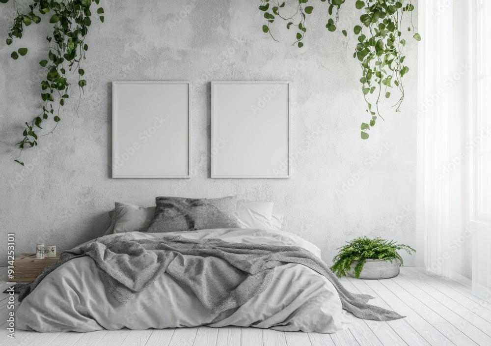 Poster 3d rendering of a poster mockup with two vertical frames on an empty white wall in a bedroom with a 