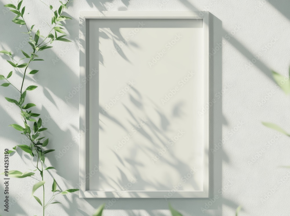 Poster Mockup 3D rendering of white rectangular vertical frame hanging on white wall