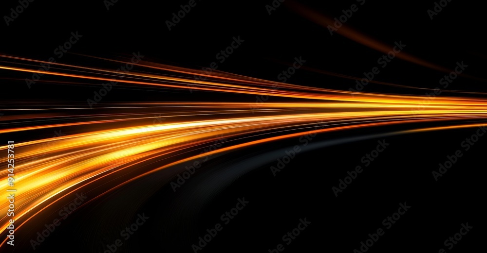 Poster trail of light waves, orange yellow neon glow curve with a spin trace. optic fiber glow effect and f