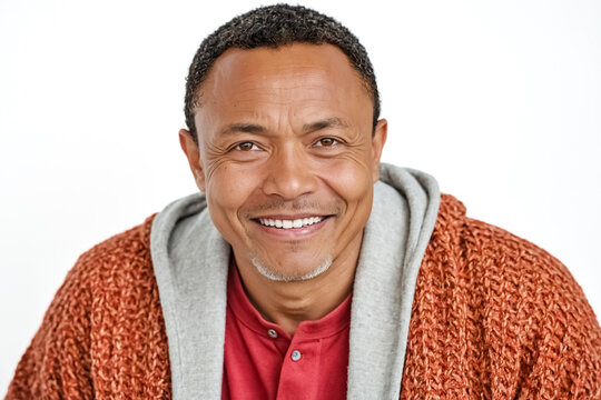 Portrait of a smiling man wearing a red and grey sweater
