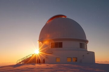 A stunning observatory at sunset, showcasing its dome and stairs against a vibrant sky full of stars and snow.