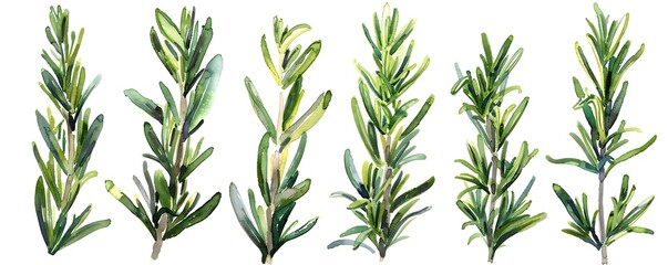 Naklejka premium Watercolor Rosemary Leaves Set on White Background Earthy Greens Aromatic and Fresh Herb
