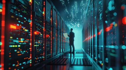 A technician inspects a server room, illuminated by blue and red lights.  Digital code floats in the air.