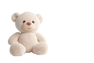 Obraz premium Cute beige teddy bear with a friendly smile sitting against a transparent background. Perfect for children's toys and baby decor themes.