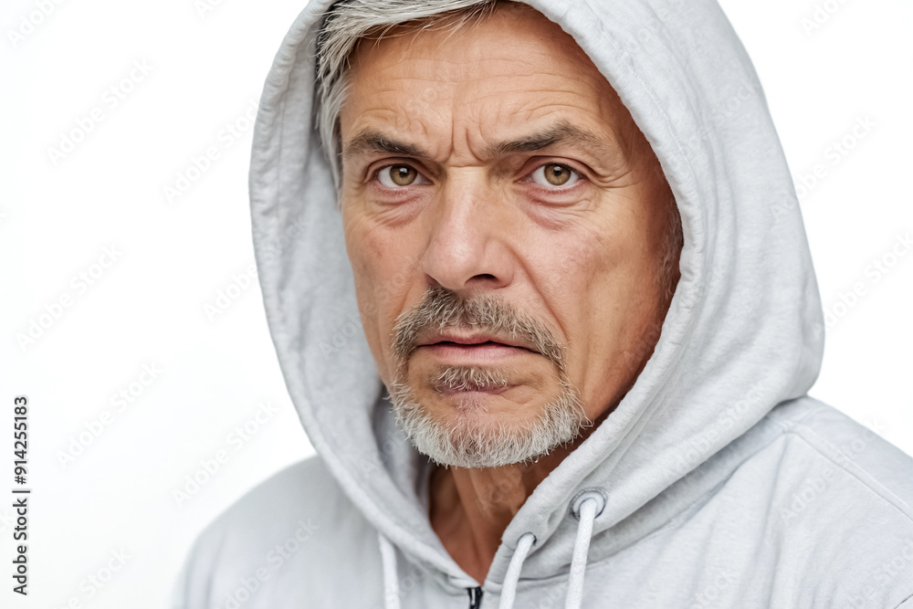 Wall mural Portrait of a serious looking mature man with a grey beard wearing a grey hoodie