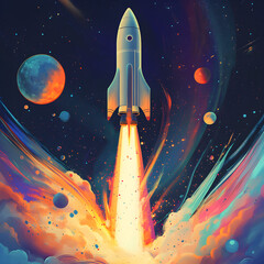 Obraz premium A vibrant digital illustration of a rocket launching into space, surrounded by planets, stars, and cosmic colors