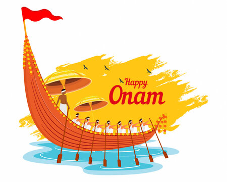 Happy Onam Festival celebrating in South India Kerala India rowing a snake boat 