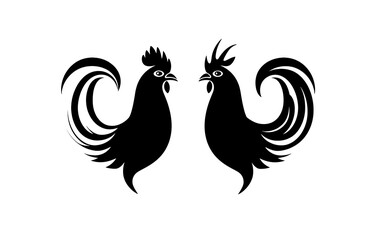 Fototapeta premium Logo of two black and white roosters facing each other, cock, sketch. Vintage print, for modern design on white background.