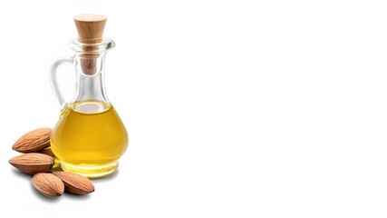 Closeup almond oil in glass bottle and group of almond nuts in wooden spoon
