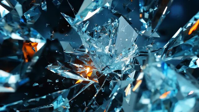 Shattered glass shards in abstract pattern, dynamic chaos concept