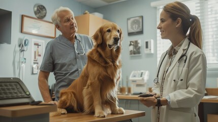 A veterinarian examines a golden retriever while the owner looks on.