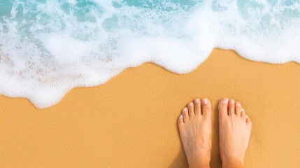 Closeup of feet in sand, ocean waves in background, peaceful and relaxing Labor Day beach scene