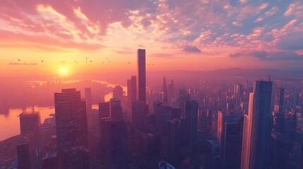 Fototapeta premium Golden Hour Glow Over Contemporary Cityscape - Aerial Urban Skyline Sunset Illustration