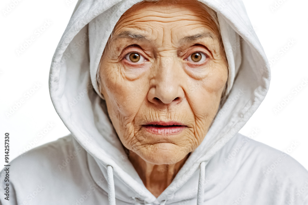 Poster Close Up of a Senior Woman with a White Hoodie