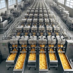 Potato chip production line at a food industrial plant. Filling machines for snacks, top view.