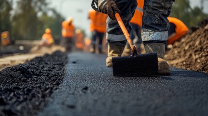 Close-up of a construction worker inspecting newly laid asphalt with a quality control tool, while other workers continue road repairs in the background