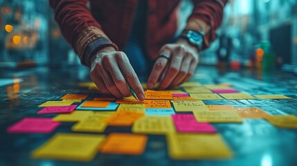 Obraz premium designer's hand arranging wireframes and prototypes on a conference table, surrounded by notes and feedback from clients and stakeholders