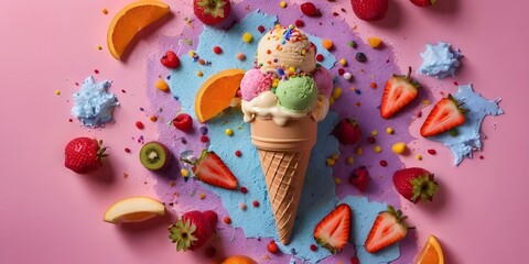 A vibrant composition featuring an ice cream cone with multiple scoops, surrounded by fruits, ice cubes, and colorful sprinkles, creating a festive and refreshing scene.
