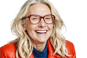 Fototapeta premium Portrait of a Blonde Woman Wearing Red Glasses and a Red Jacket