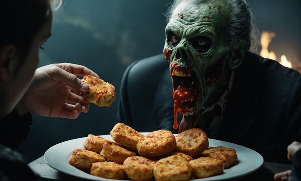 Frightening zombie with green decayed face and bloody mouth leaning forward to take food from a plate full of golden cheese biscuits. Dark, smoky background creates a horror atmosphere as a person off