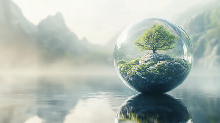 Tiny floating islands contained within a transparent glass sphere, hovering in a futuristic environment with soft, ambient light and minimalistic background elements
