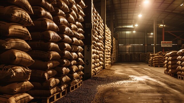 A warehouse interior with stacked sacks of brown material, lit by overhead lights.  The sacks are neatly organized, creating a sense of order and efficiency.