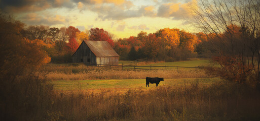 Fototapeta premium Autumn Landscape With Old Barn and Black Cow Grazing at Dusk