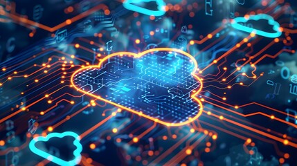 Futuristic cloud computing technology concept with a digital blue cloud icon, connected data networks, and virtual connections.