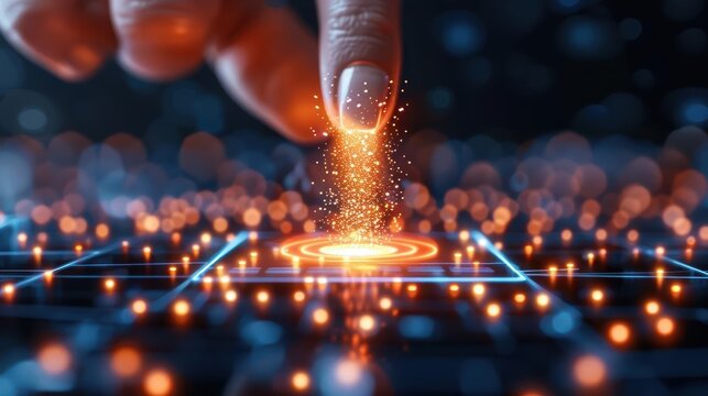 A close-up of a fingertip hovering over a digital screen, emitting sparkling light particles, symbolizing technology and innovation.