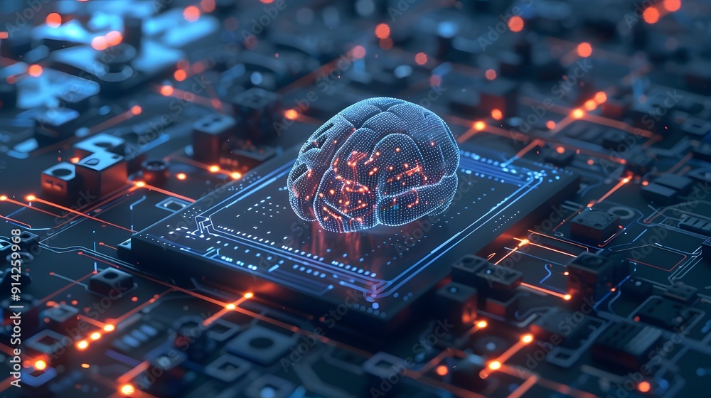 Poster futuristic digital brain interface on a high-tech circuit board, symbolizing ai technology and advan